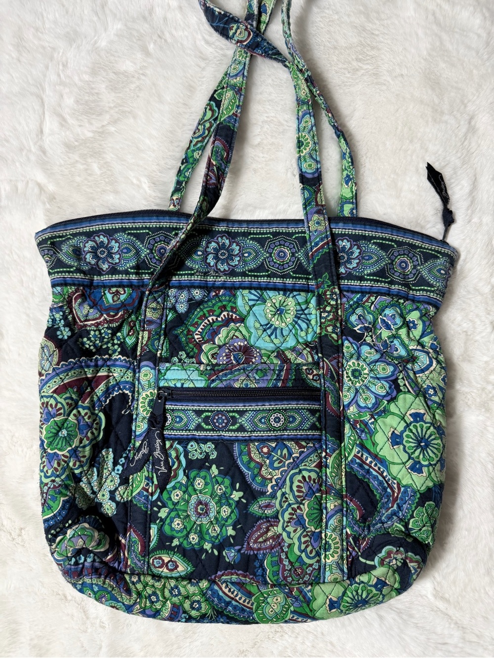 Quilted Floral Paisley Tote Bag in Navy and Green